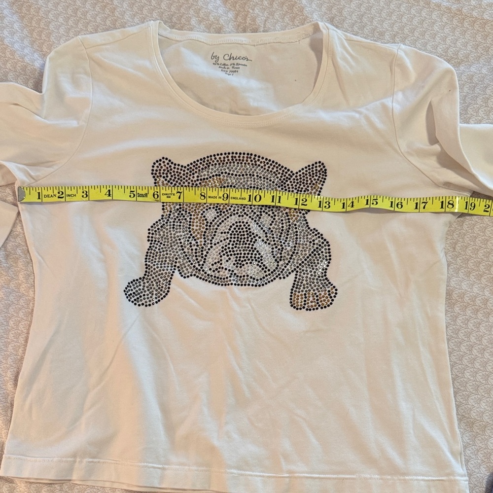 Chico's White Bulldog Rhinestone Tee Chicos Size 1